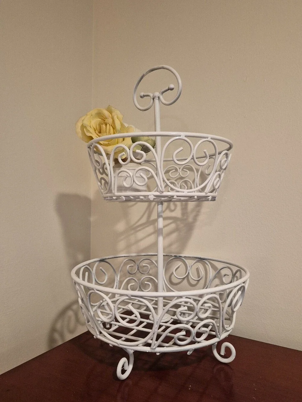 White Metal Scrollwork Princess  2-Tiered Basket Fruit Bowl Holder Decor